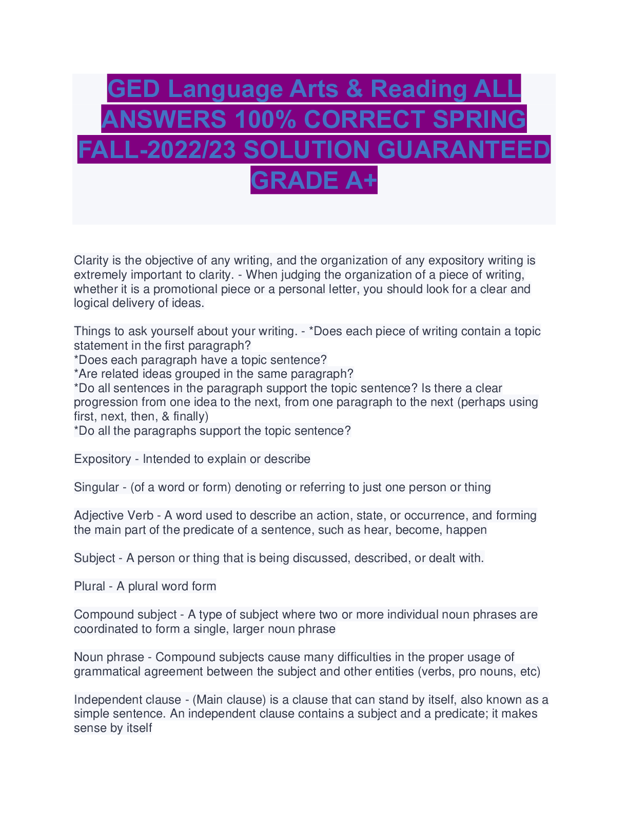 Preview of GED Language Arts & Reading ALL ANSWERS 100% CORRECT SPRING FALL-2022/23 SOLUTION GUARANTE